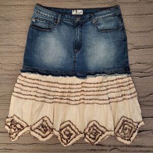 NWOT CREST Denim and Cream Embroidered Two Tiered Midi Skirt